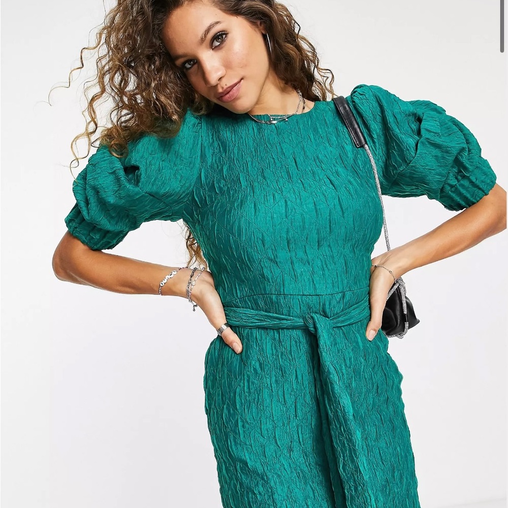 Topshop textured sleeve detail mini dress in green